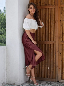 Elegant wine red satin midi skirt with side slit and elastic waist for women's summer fashion