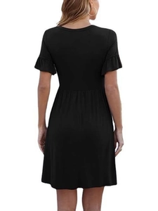 Back view of a casual black short-sleeved dress with ruffle sleeves and a round neck