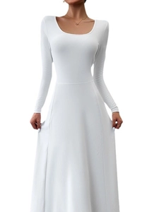 Elegant white long sleeve maxi dress with round neck and slim waist A-line silhouette