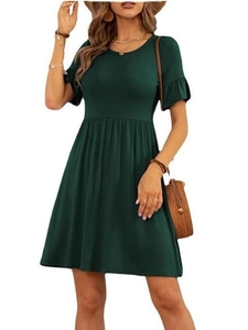 Elegant dark green round neck dress with ruffle sleeves and high waist for summer wear