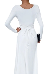 Elegant white long sleeve dress with waist tie back detail for a slim fit look