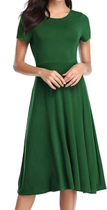 Close-up of dark green short-sleeved dress with high-waist A-line cut and round neck