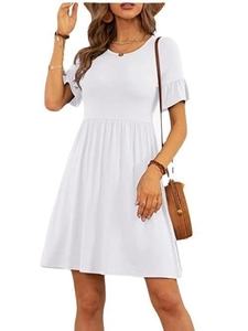 Elegant white short sleeve dress with ruffle cuffs and a high-waist A-line silhouette