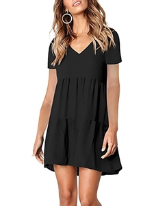 Women V Neck Short Sleeve Tiered Mini Dress Casual Loose Babydoll Ruffle Sun Dress Breathable Polyester Spandex Clothing