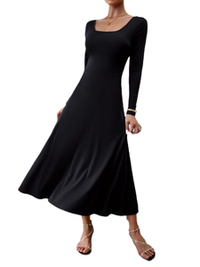 Elegant black long-sleeve midi dress with square neckline and slimming fit design