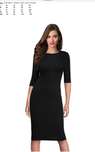 Detailed size chart for women's slim fit midi dress with chest waist and hip measurements