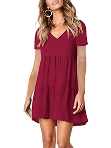 Wine red short sleeve V-neck tiered mini dress with casual loose fit for women