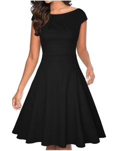 Robe Vintage Style Hepburn pour Femmes Élégante Encolure Bateau Plissée Sans Manches Taille Haute Évasée Robe Midi pour Fête Cocktail