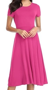 Detail of slim fit short sleeve midi dress with cinched waist in vibrant magenta pink