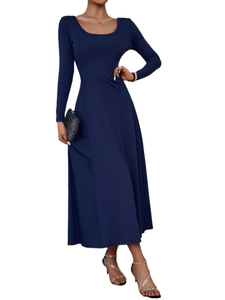 Elegant navy blue long sleeve midi dress with slim fit waist and A-line skirt