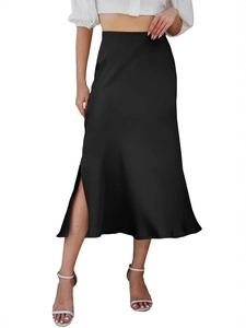Elegant black high-waisted satin midi skirt featuring a stylish side slit and glossy finish