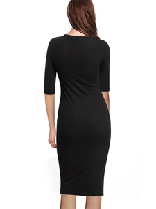Slim fit black dress with round neck and three-quarter sleeves in a back view pose