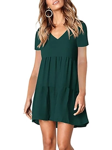 Dark green short-sleeve V-neck tiered mini dress for women with flowy layered skirt