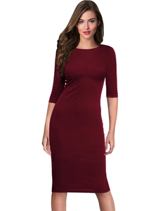 Detail view of burgundy slim fit dress with round neck and half sleeves in elastic fabric