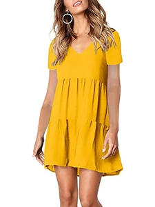 Short sleeve V-neck yellow tiered mini dress with ruffled layers and a casual loose fit