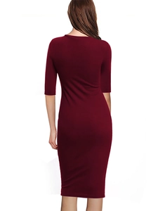 Back view of slim fit burgundy midi dress with round neck and half sleeves for women