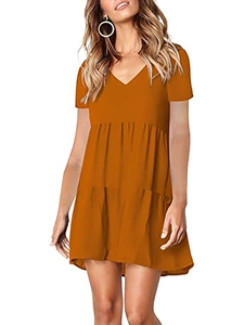 Short sleeve V-neck tiered babydoll dress for women in ginger orange with a loose fit