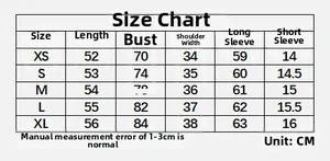 Detailed size chart for women's short sleeve slim fit t-shirt from XS to XL in CM