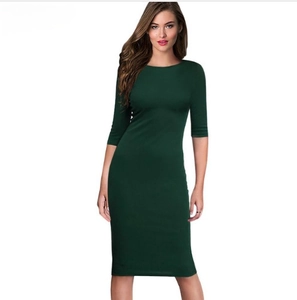 Detail of slim-fit dark green midi dress with round neck and half sleeves on white background