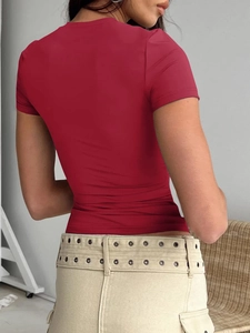 Back view of a slim fit red short sleeve t-shirt with classic crew neck for women
