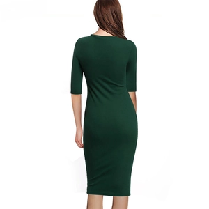 Back view of slim fit dark green bodycon dress with three-quarter sleeves and knee length
