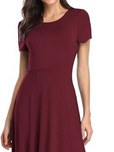 Elegant burgundy short sleeve slim fit midi dress with a classic round neck for women