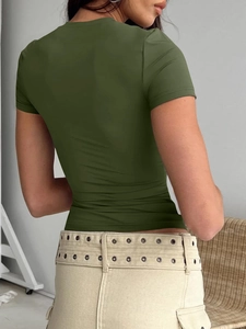 Detail view of the slim-fit olive green short sleeve t-shirt showing the elastic knit fabric