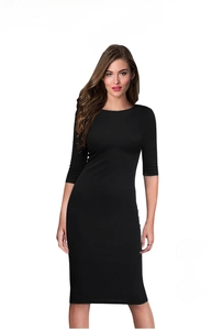 Detail view of the sleek crew neck and 3/4 sleeves on a black bodycon dress