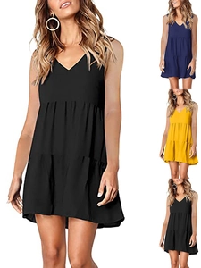 Vestito Mini da Donna Estivo Casual con Scollo a V Senza Maniche a Balze Sciolto Tinta Unita Babydoll Prendisole per Vacanza Quotidiano