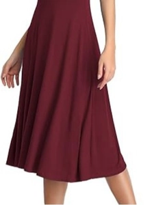 Wine red short-sleeve midi dress featuring a slim waist and flowy A-line skirt drape