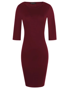 Women Round Neck Three Quarter Sleeve Bodycon Midi Dress Elegant Solid Color Slim Fit Stretchy Office Party Pencil Dress