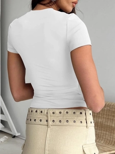 Rear view of a white slim fit short sleeve T-shirt with a high-stretch round neck design