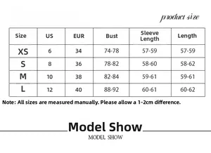 Size chart showing US and EUR measurements for women's slim fit long sleeve ribbed top