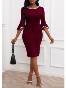 Damen Elegant Bodycon Midi Kleid Mit Glockenärmel Kontrastpaspelierung Slim Fit Rundhals Einfarbig Büro Party Kleid