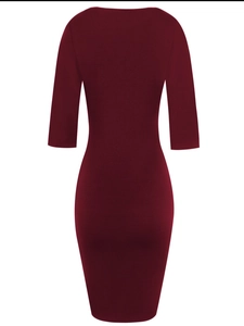 Slim fit burgundy knit bodycon dress with round neck and half sleeves for a professional look