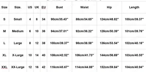 Detailed size guide table for sleeveless dress showing measurements in cm and inches