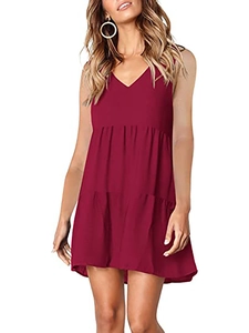 Abito lungo senza maniche bordeaux con scollo a V e balze per un look estivo casual e comodo
