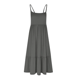 Detail of tiered skirt layers on a dark grey sleeveless square neck dress