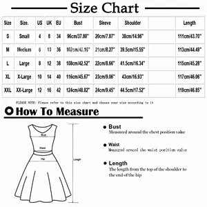 Tableau des tailles pour robe longue à col en V avec mesures US/UK/EU de la taille S à XXL
