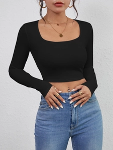 Slim fit black ribbed crop top with square neckline and long sleeves for women