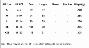 Detailed size chart for women V-neck sleeveless dress showing bust and length in US sizes