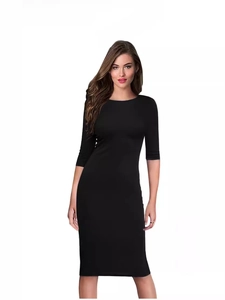 Elegant slim fit black midi dress with round neck and half sleeves for a minimalist style