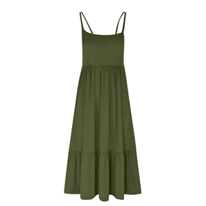 Flat lay of Army Green tiered midi dress with spaghetti straps and sleeveless design