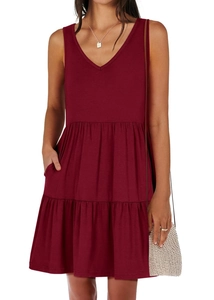Detailed view of burgundy V-neck sleeveless tiered dress with side pockets for women