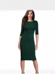 Slim fit dark green knee-length dress with round neck and half sleeves for daily commute