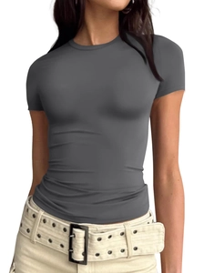 Slim fit short sleeve grey t-shirt for women, casual round neck basic style
