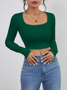 Slim fit dark green ribbed crop top with square neckline and extra long sleeves