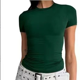 Detail of slim fit forest green crew neck t-shirt with premium stretch cotton fabric