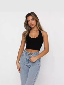 Haut Court Femme Sexy Dos Nu Halter Sans Manches Col en V Couleur Unie Coupe Ajustée Tricot à Côtes Streetwear Été