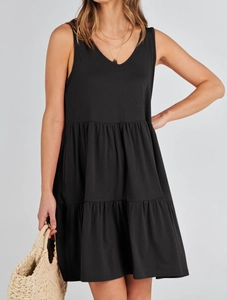 Women's summer black V-neck sleeveless tiered mini dress with casual ruffled design